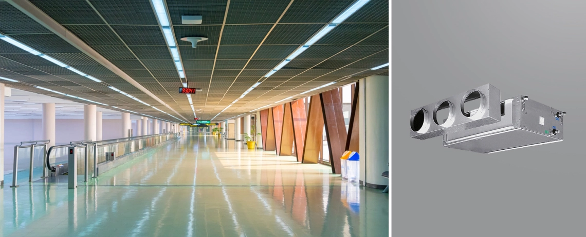 MyCond DFCL A high ESP duct fan coil unit installed at an airport.