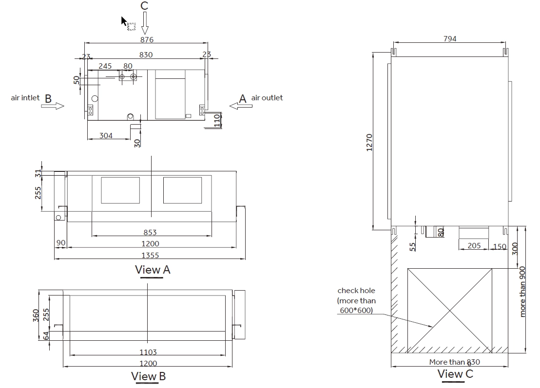MyCond Fresh air duct overall dimensions