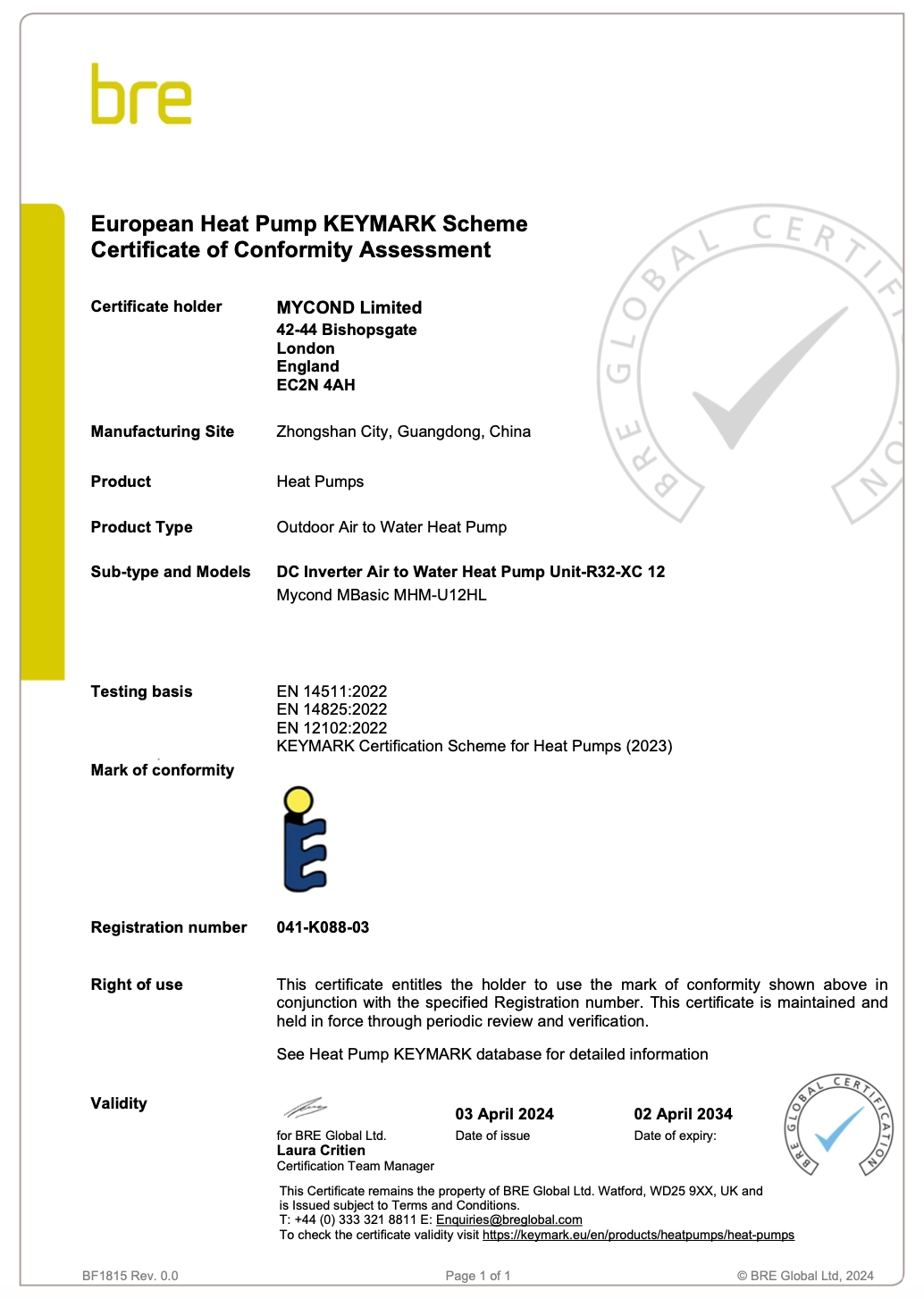 MyCond MBasic certificate of conformity KEYMARK