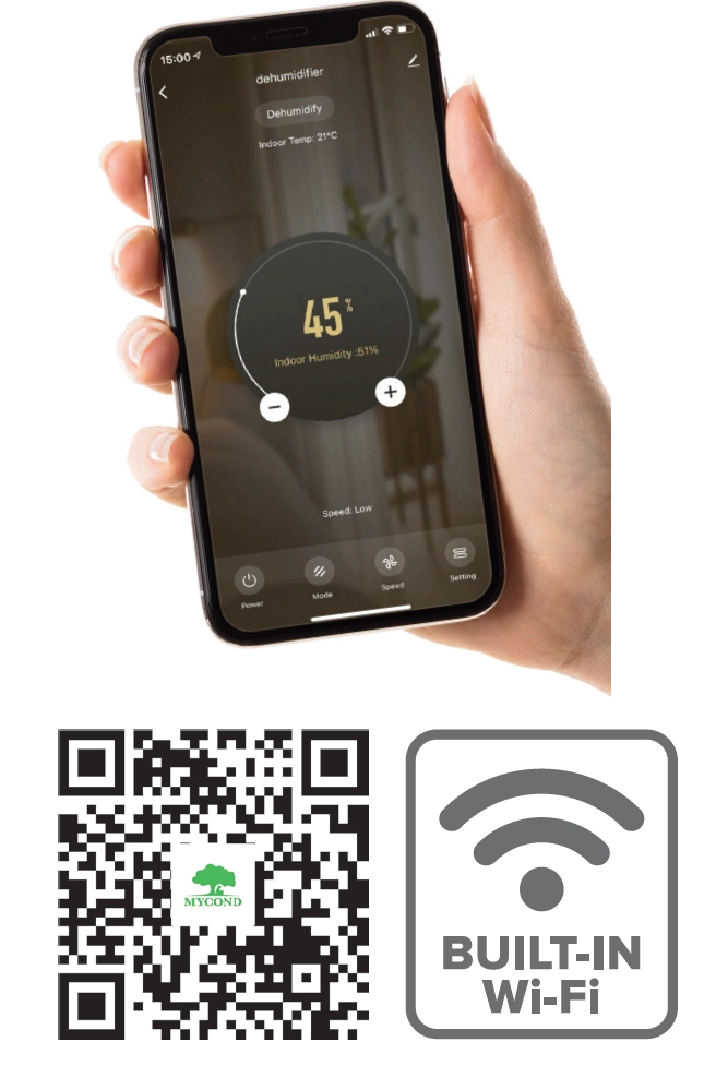 MyCond Roomer Smart 25 dehumidifier highlighting energy efficiency features.