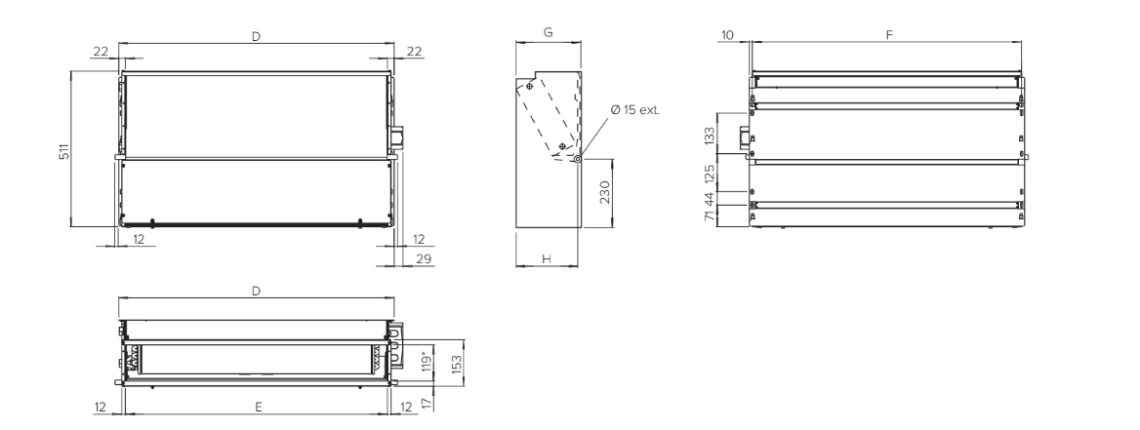 MyCond SEC/F Diagram of fan coil dimensions for heating and cooling control.