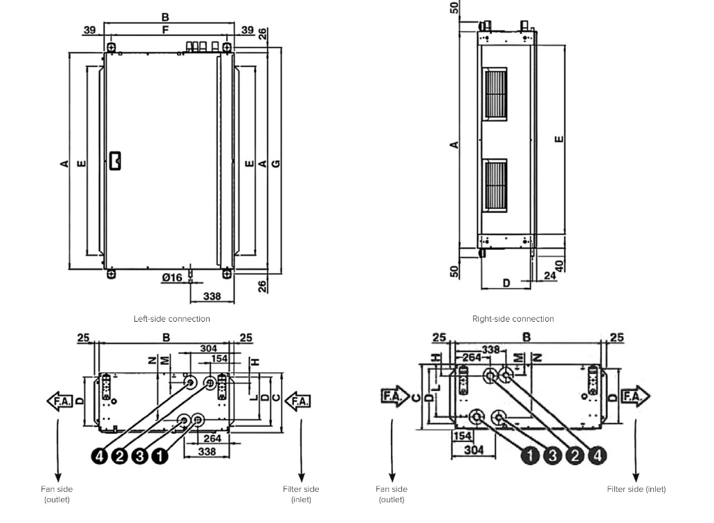 Technical dimensions of MyCond DFCL series duct fan coil units.